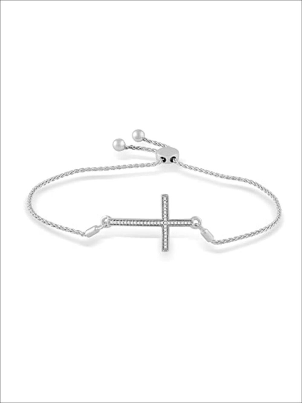 925 Sterling Silver Cross Bolo Bracelet 1/10 CTTW Diamond Adjustable